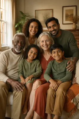 Warm Multigenerational Family Portrait in Living Room
