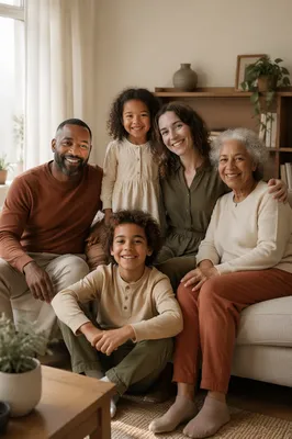Warm Multigenerational Family Portrait in Living Room