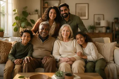 Warm Multigenerational Family Portrait in Living Room