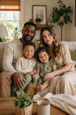 Biracial Family Portrait in Sunlit Living Room