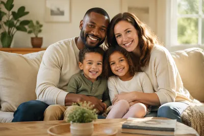 Biracial Family Cuddling on Living Room Sofa