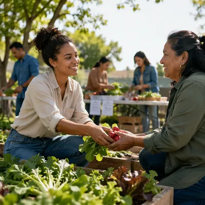Young Volunteer Sharing Vegetables in Community Garden