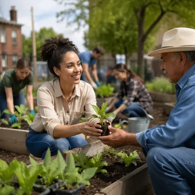 Young Volunteer Sharing Seedlings in Community Garden