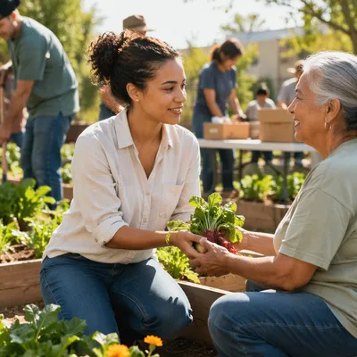 Young Volunteer Sharing Vegetables in Community Garden