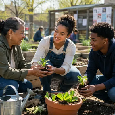 Volunteers Gardening Together on Spring Morning