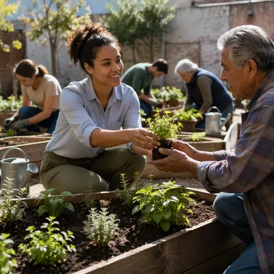 Young Volunteer Sharing Seedlings in Community Garden