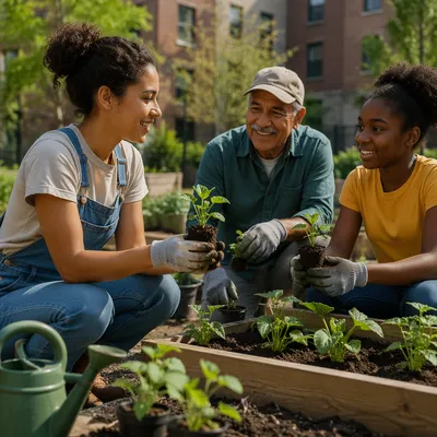 Young Volunteers Working in Community Garden