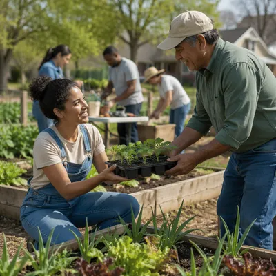 Young Volunteers Sharing Seedlings in Garden