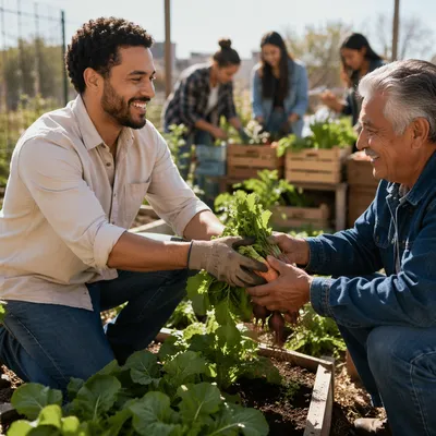 Young Volunteer Sharing Vegetables in Garden