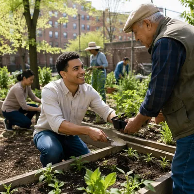 Young Volunteer Sharing Seedlings in Garden