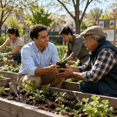 Young Volunteers Working in Community Garden