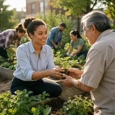 Young Volunteer Sharing Seedlings in Garden