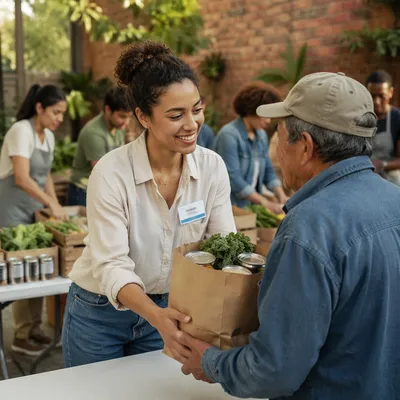 Young Volunteer Giving Groceries Outdoors