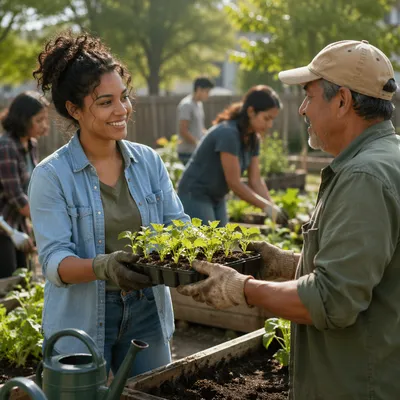 Young Volunteers Sharing Seedlings in Community Garden