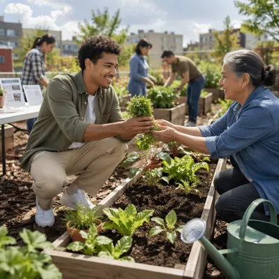 Young Volunteers Sharing Herbs in Community Garden