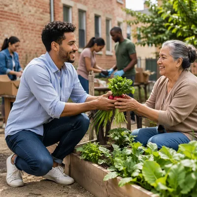 Young Volunteer Sharing Vegetables in Garden