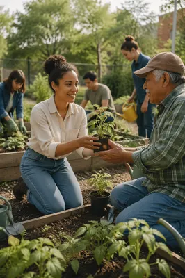 Young Volunteer Sharing Seedlings in Community Garden