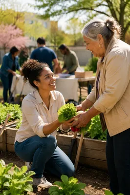 Young Volunteer Sharing Vegetables in Community Garden