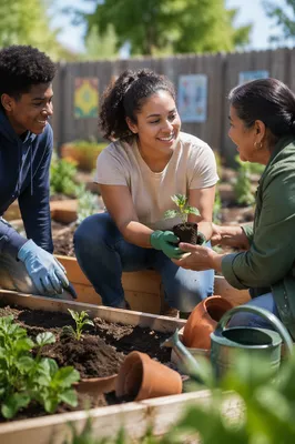 Volunteers Planting Seedlings in Community Garden