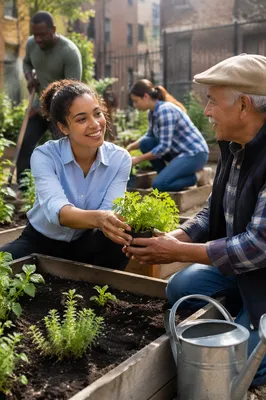 Young Volunteer Sharing Seedlings in Community Garden