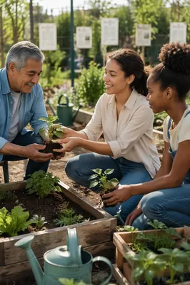 Volunteers Planting Seedlings in Community Garden