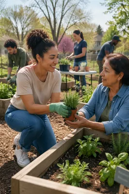 Young Volunteers Working in Community Garden