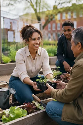 Young Volunteers Working in Community Garden