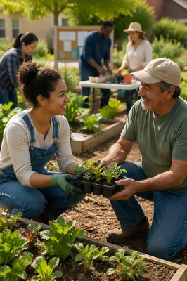 Young Volunteers Sharing Seedlings in Community Garden