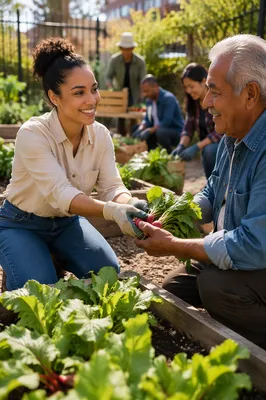 Young Volunteer Sharing Vegetables in Community Garden