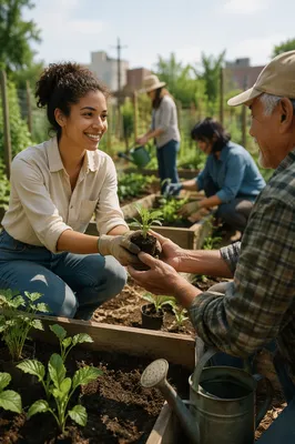 Young Volunteers Working in Community Garden