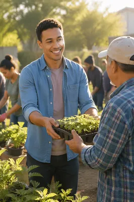 Young Volunteers Exchanging Seedlings in Community Garden