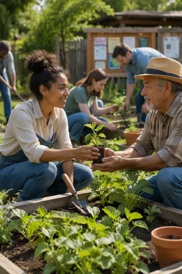Young Volunteers Gardening in Urban Community Space