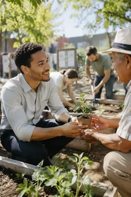 Young Volunteer Sharing Seedlings in Garden