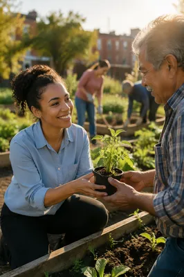 Young Volunteer Sharing Seedlings in Garden