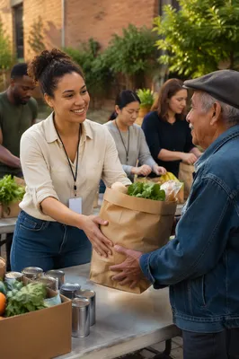 Young Volunteer Distributing Groceries Outdoors