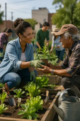 Young Volunteers Gardening in Urban Community Plot