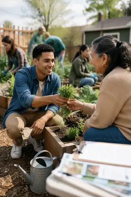 Young Volunteer Sharing Herbs in Community Garden