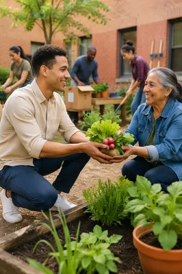 Young Volunteer Sharing Vegetables in Garden