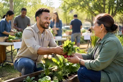 Young Volunteer Sharing Vegetables at Community Garden