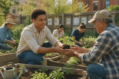 Young Volunteers in Community Garden Morning