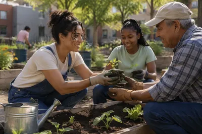 Young Volunteers Working in Community Garden