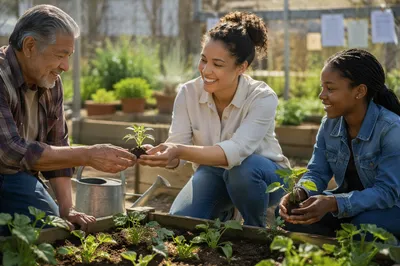Volunteers Sharing Seedlings in Community Garden