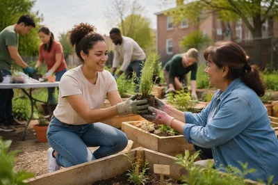 Young Volunteers in Community Garden Morning