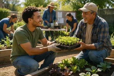 Young Volunteers Sharing Seedlings in Garden