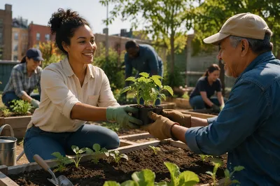 Young Volunteers Gardening in Community Garden