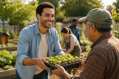 Young Volunteers Sharing Seedlings in Garden