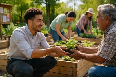 Young Volunteer Sharing Seedlings in Garden