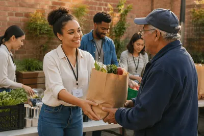 Young Volunteer Giving Groceries Outdoors