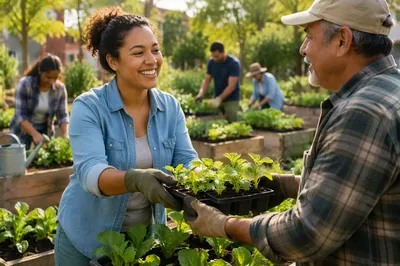 Young Volunteers Sharing Seedlings in Community Garden