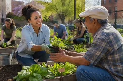 Young Volunteer Sharing Seedlings in Community Garden